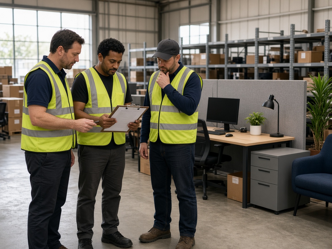 Commercial cleanout crew reviewing a job clipboard beside staged office furniture