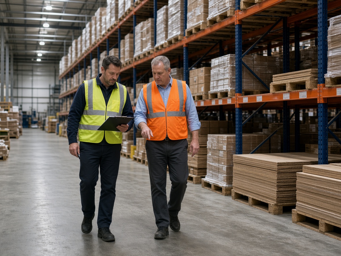 Supervisor walking a warehouse floor with a facility manager to mark materials for removal