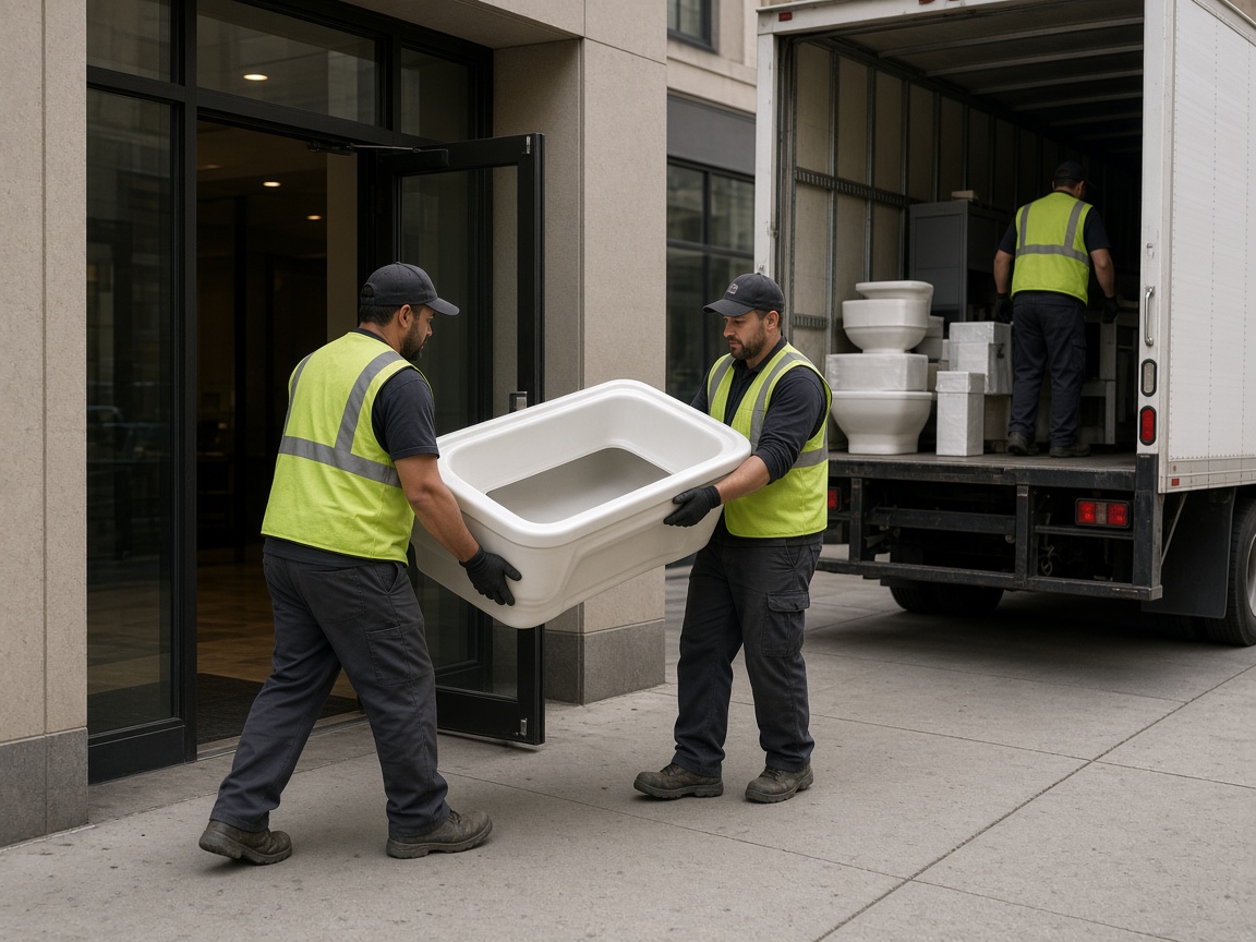 Cleanout crew carrying leftover fixtures from a ground-floor commercial property