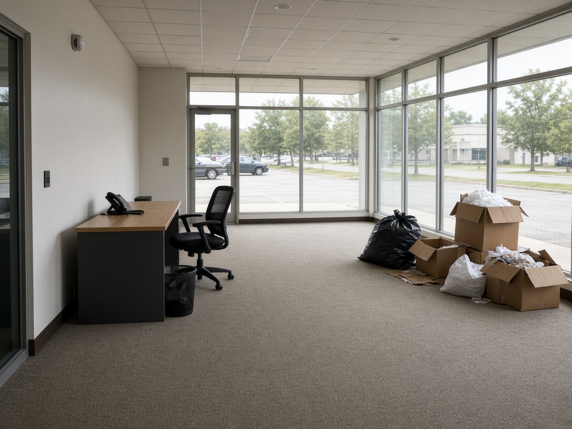 Vacant commercial suite with leftover reception furniture and boxed trash after a tenant move-out