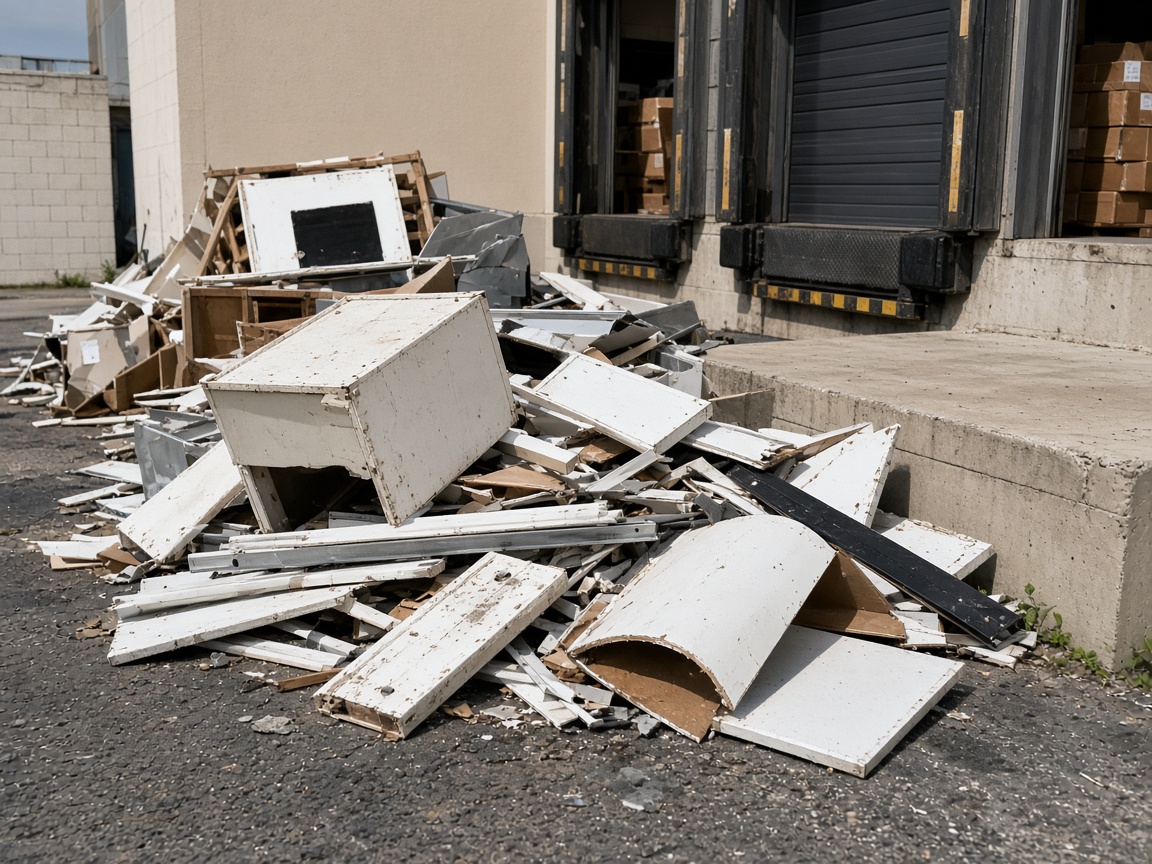 Bulk commercial trash and broken fixtures stacked near a business loading area for removal