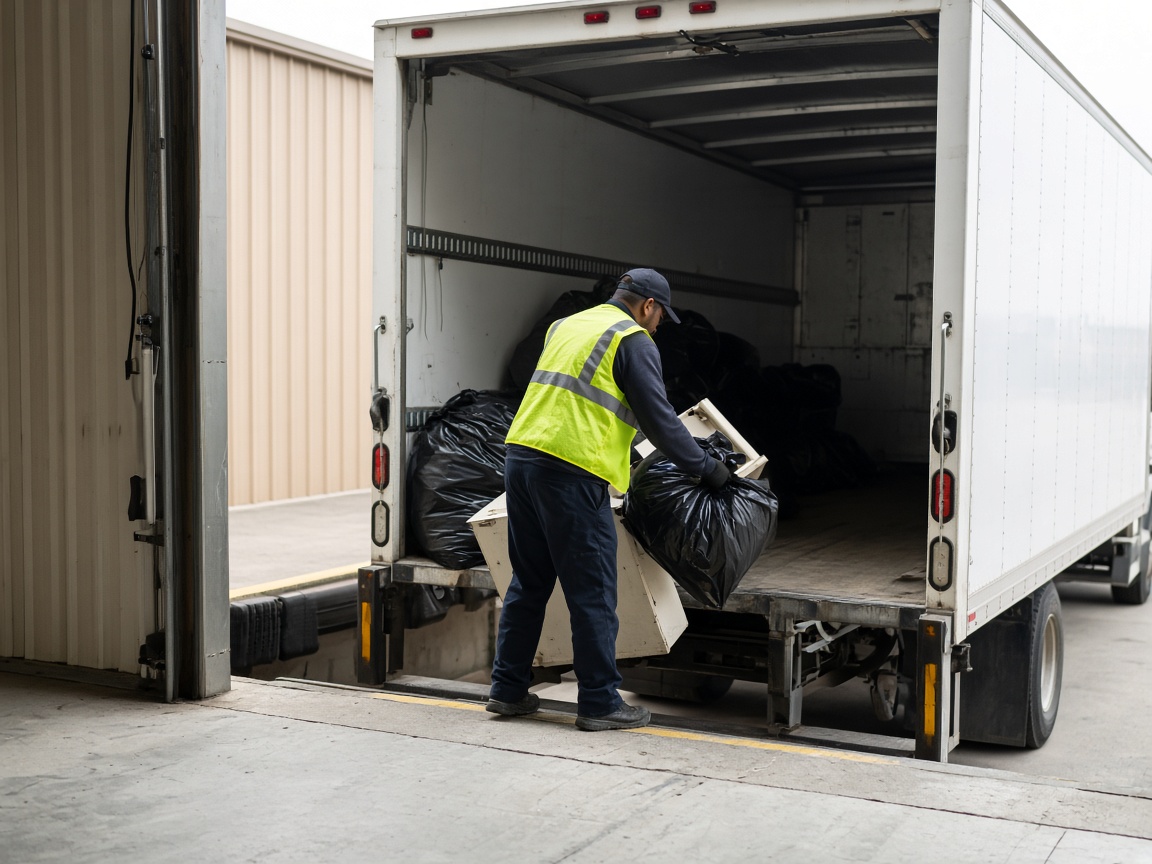 Worker loading bulky commercial trash bags and discarded fixtures into a box truck