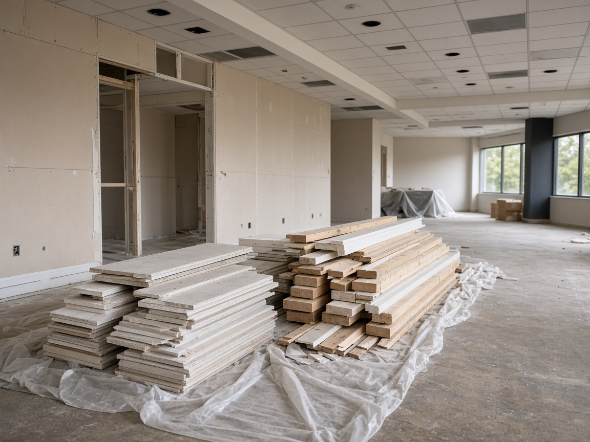 Commercial renovation interior with stacked drywall scraps and lumber remnants staged for debris removal
