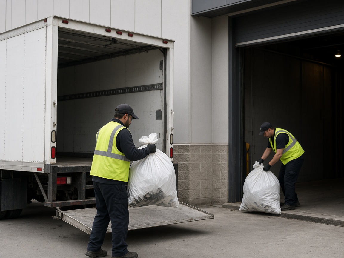 Workers loading bagged commercial renovation debris at a building loading dock