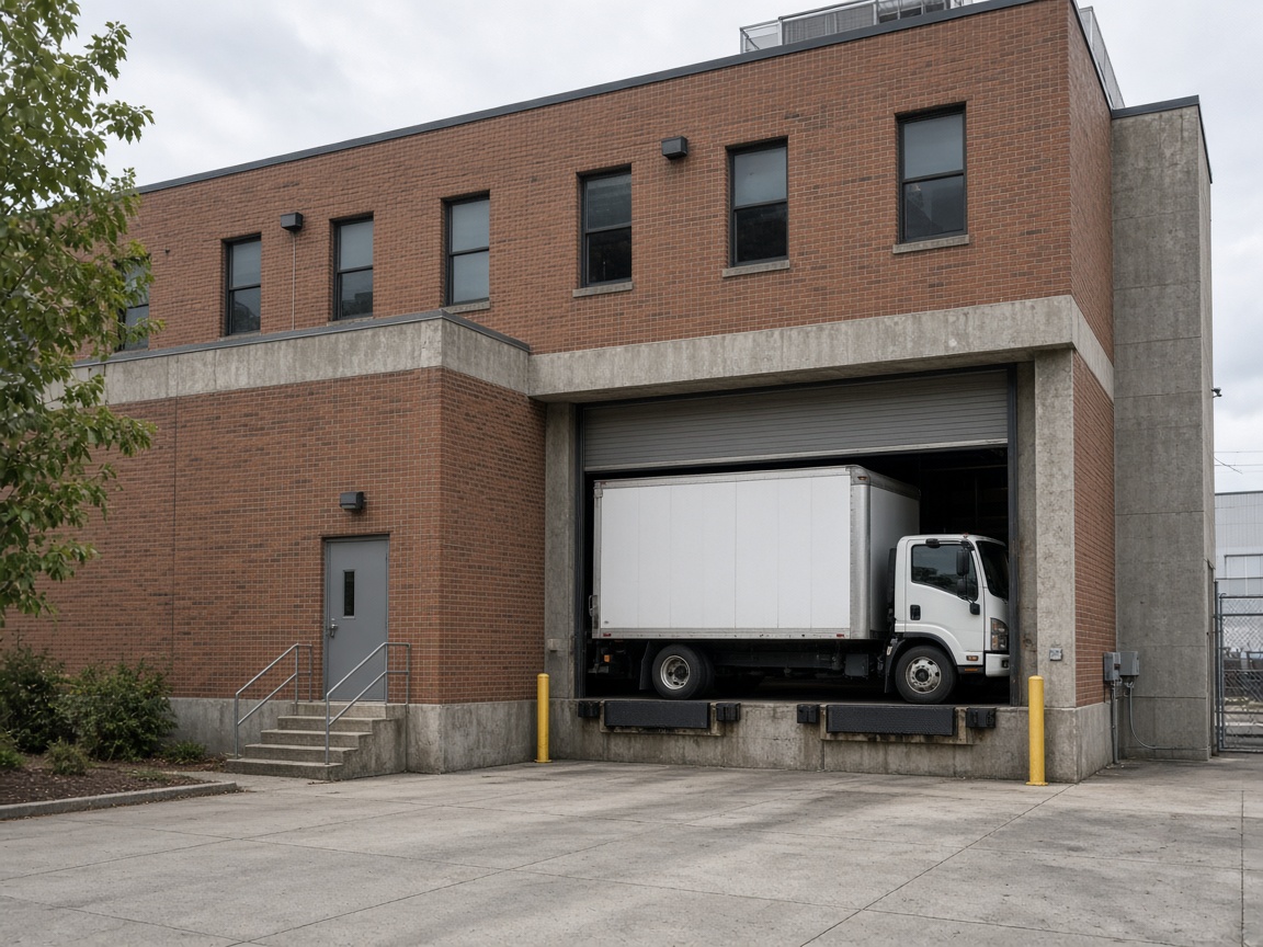Exterior of a commercial building with a loading area used for junk removal access