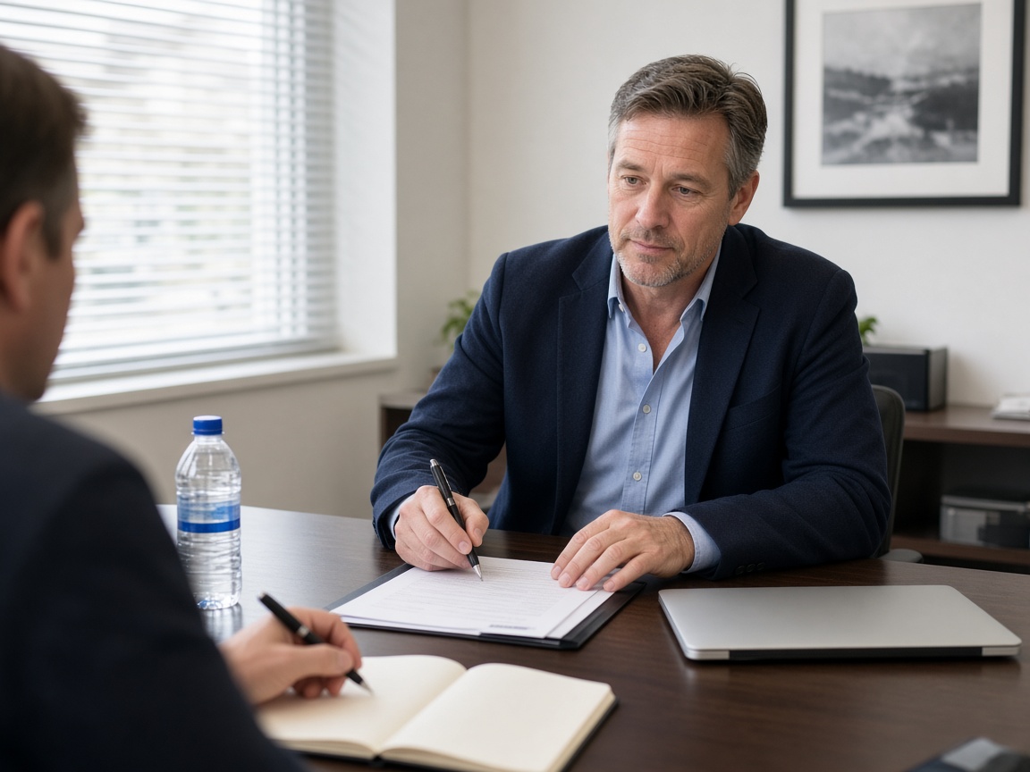 Facilities contact discussing a commercial cleanout quote at a conference table