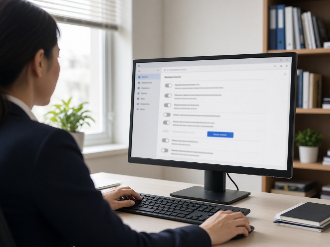 Person using a computer in a bright commercial office