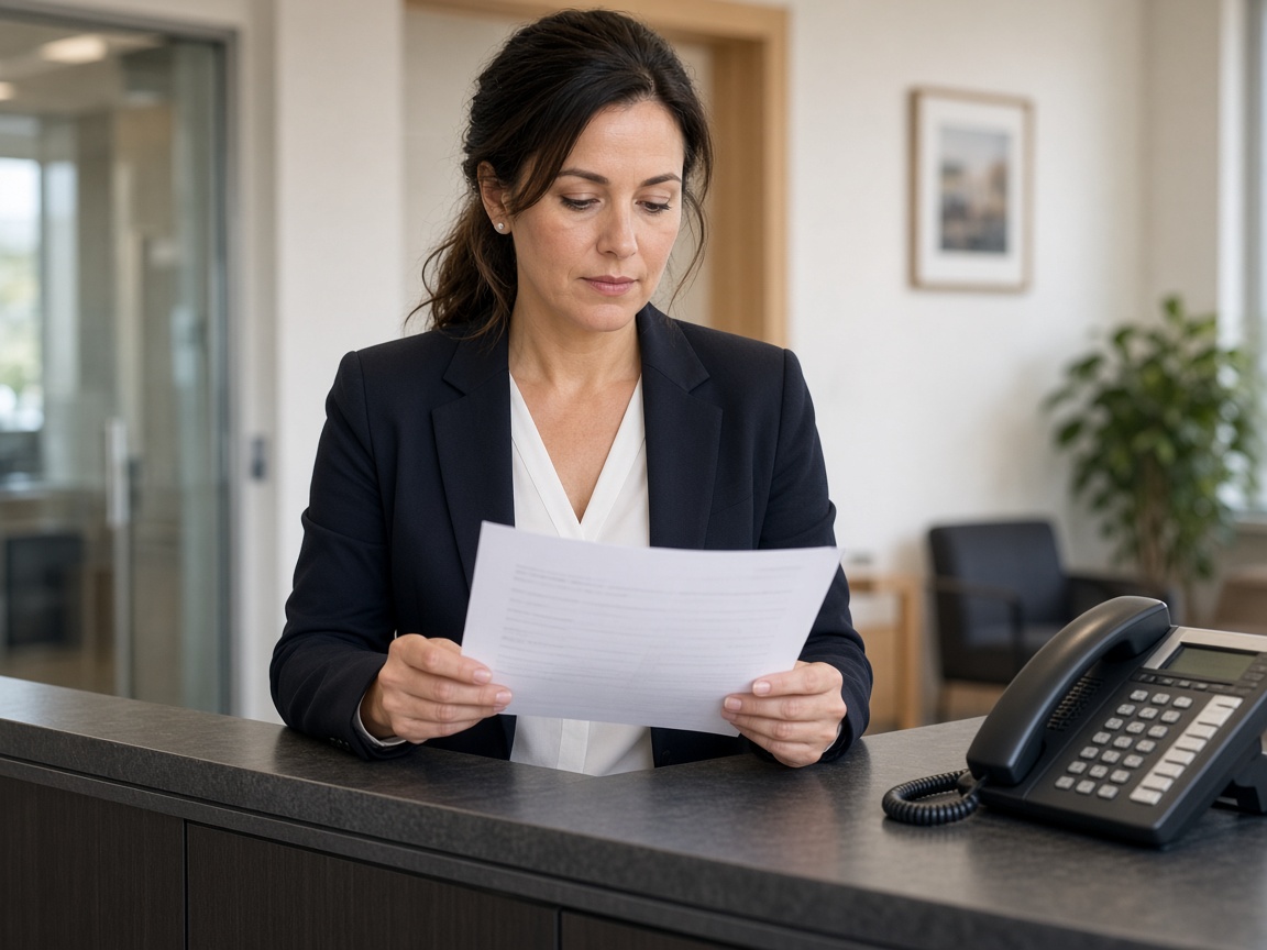 Office manager reviewing a checklist at a commercial reception desk