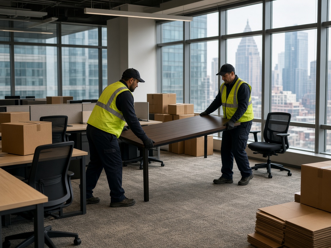 Crew clearing surplus furniture and boxed materials from a New York commercial office floor