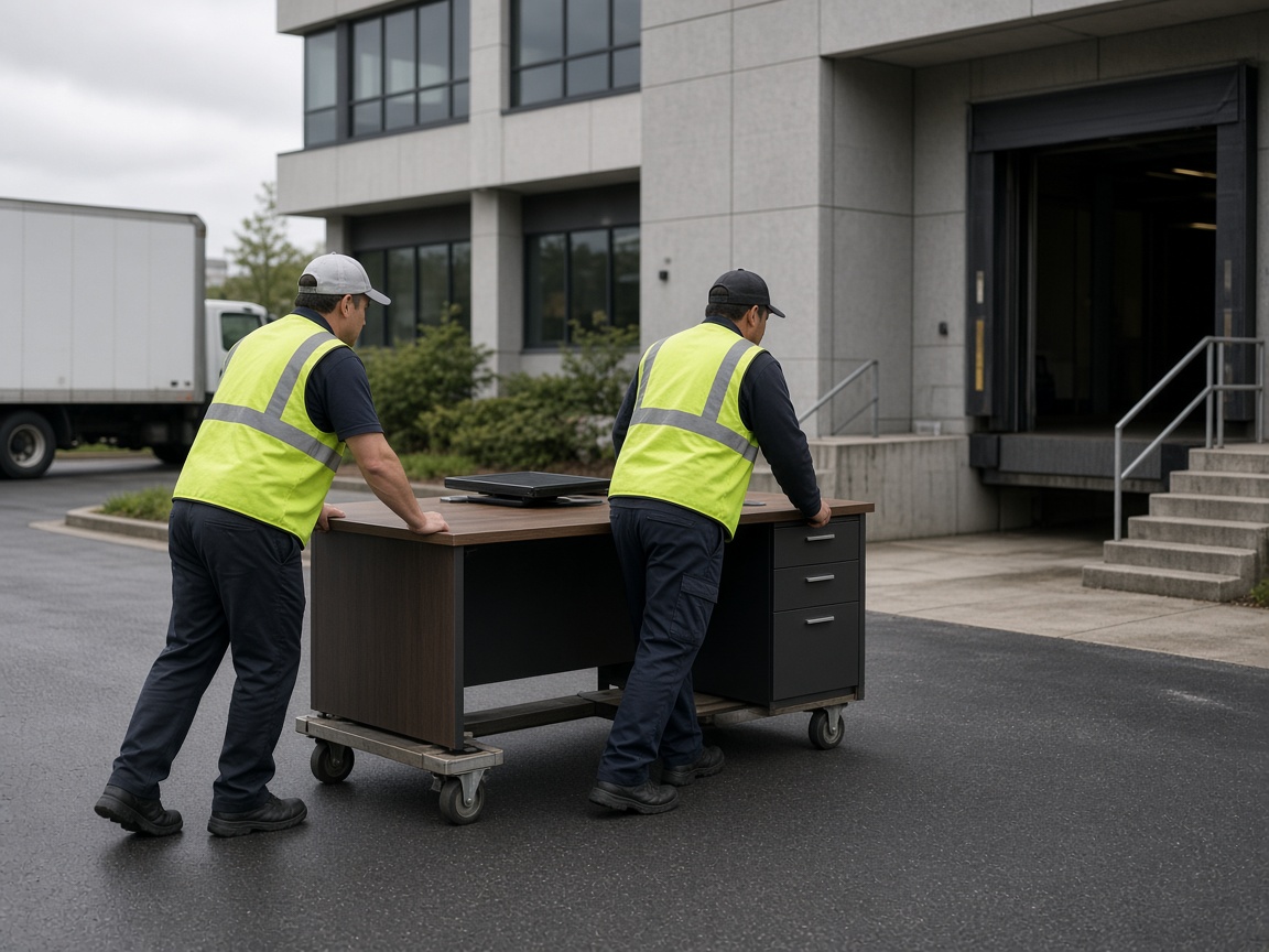 Two workers in high-visibility vests rolling office furniture toward a loading dock