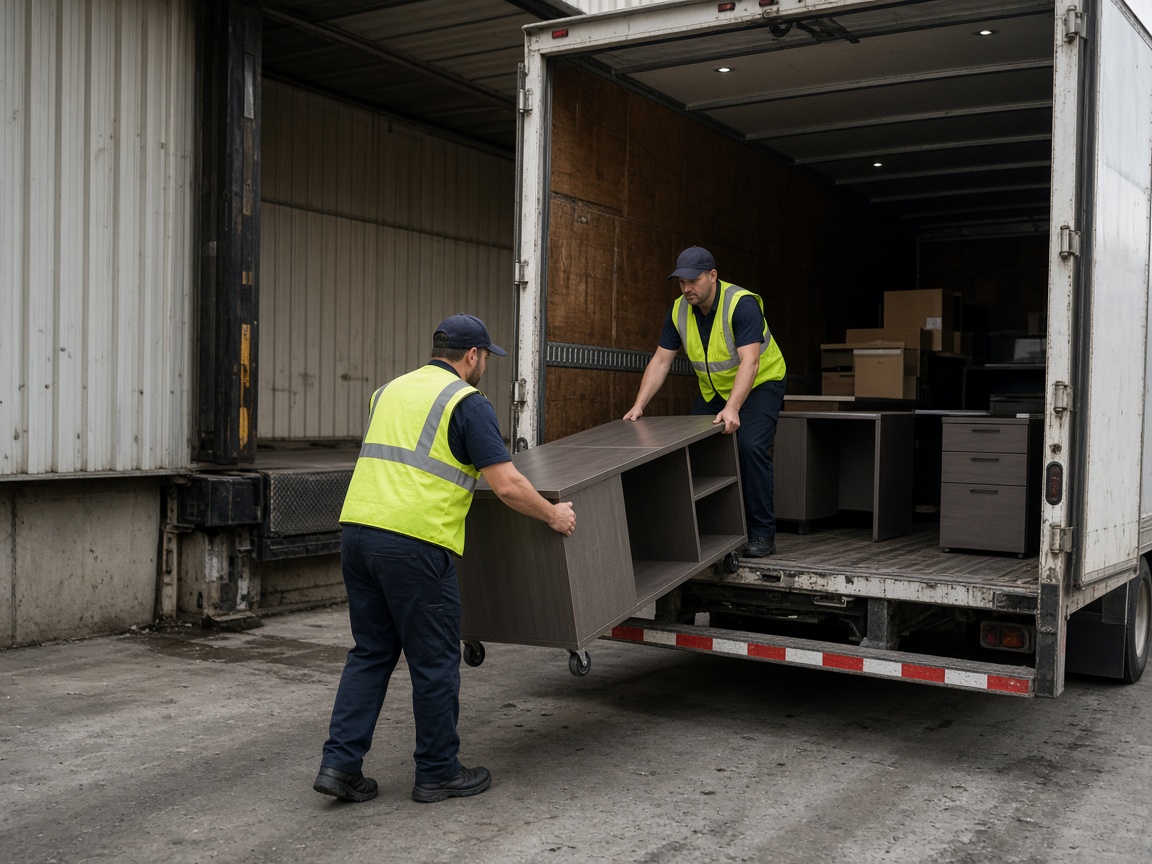 Crew loading commercial furniture onto a truck after a confirmed office cleanout scope