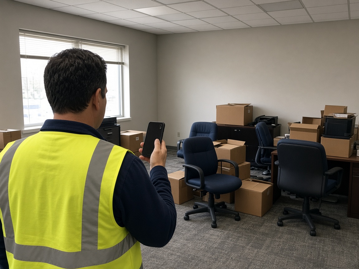 Project lead photographing staged commercial junk during a pre-job walkthrough