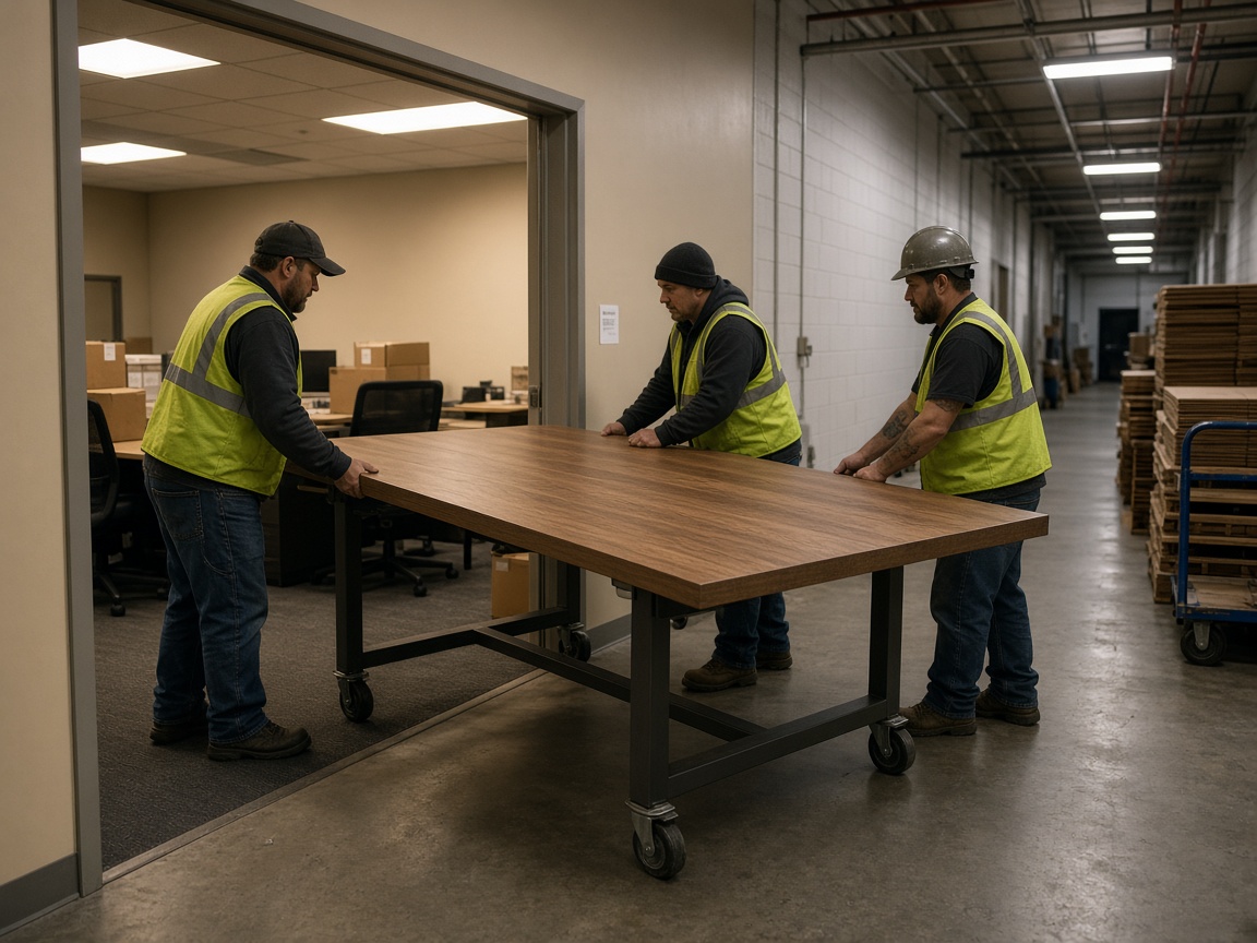 Workers rolling a conference table out of an office during a lease-end cleanout