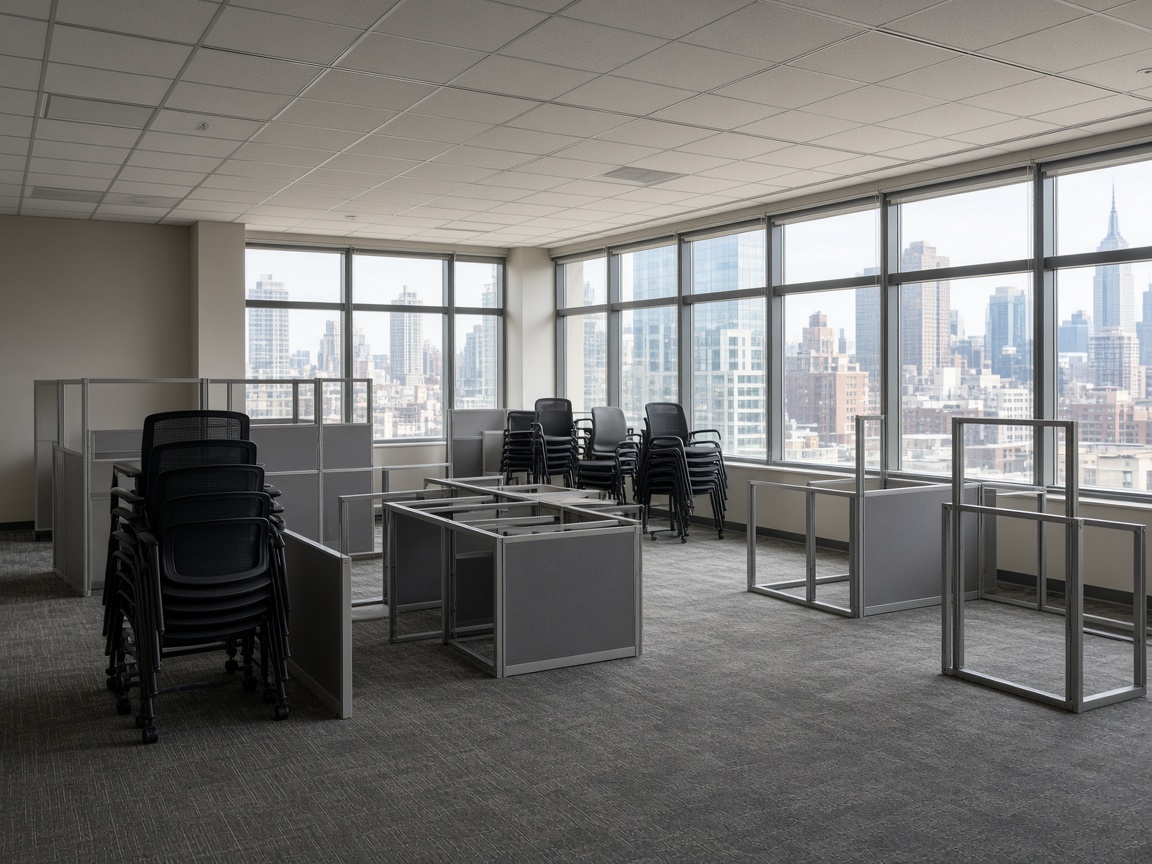 Mostly emptied New York office suite with remaining workstations staged for a commercial cleanout