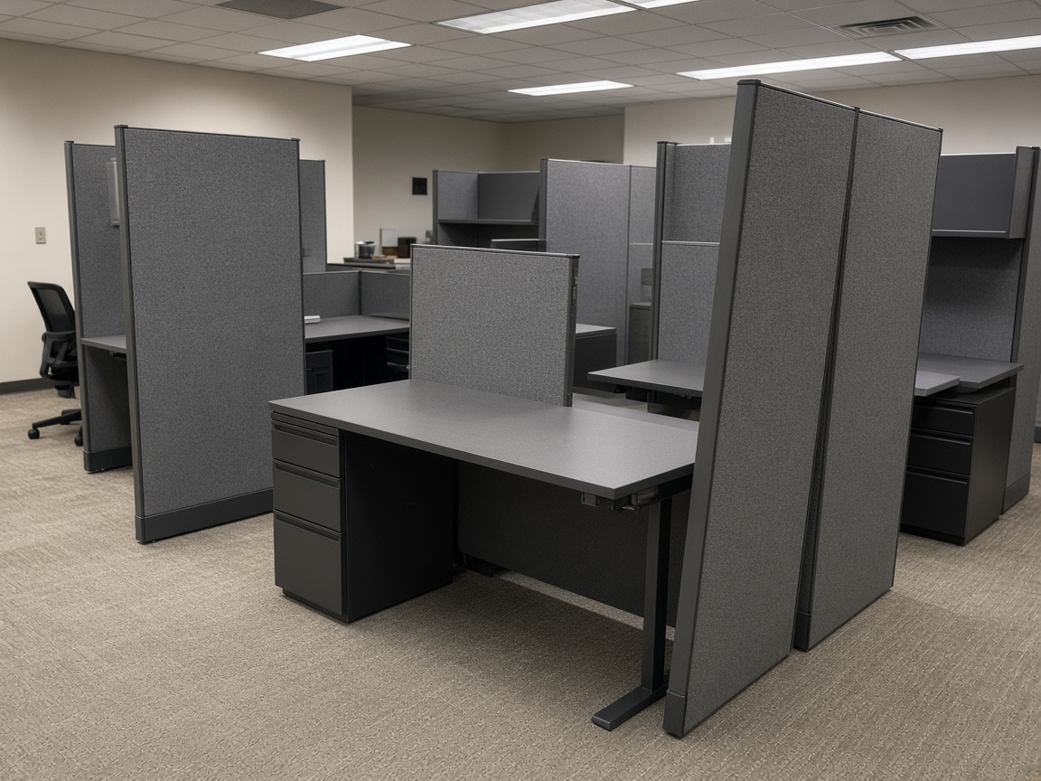 Partially dismantled cubicle workstations in a commercial office being prepared for haul-out