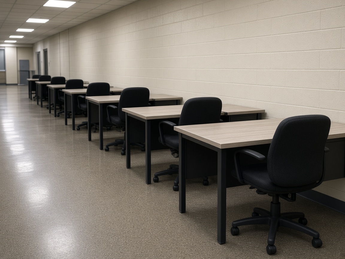 Row of commercial office desks and task chairs staged in a hallway for furniture removal