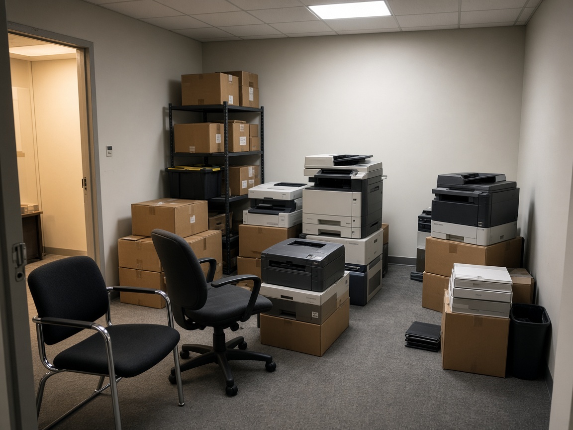 Office storage alcove filled with surplus printers, chairs, and packed cartons before pickup