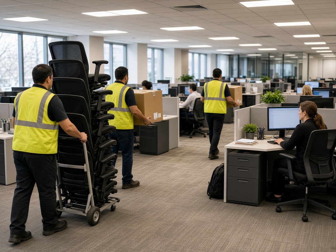 Crew removing stacked office chairs and boxed supplies from an occupied open-plan office