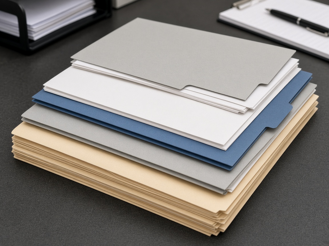 Close view of document folders on a commercial office table during a records review