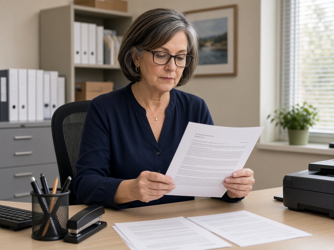 Office administrator reviewing a printed privacy notice at a commercial desk