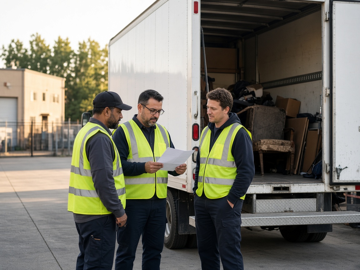 Commercial junk removal crew checking a job list beside a box truck before a same-day pickup