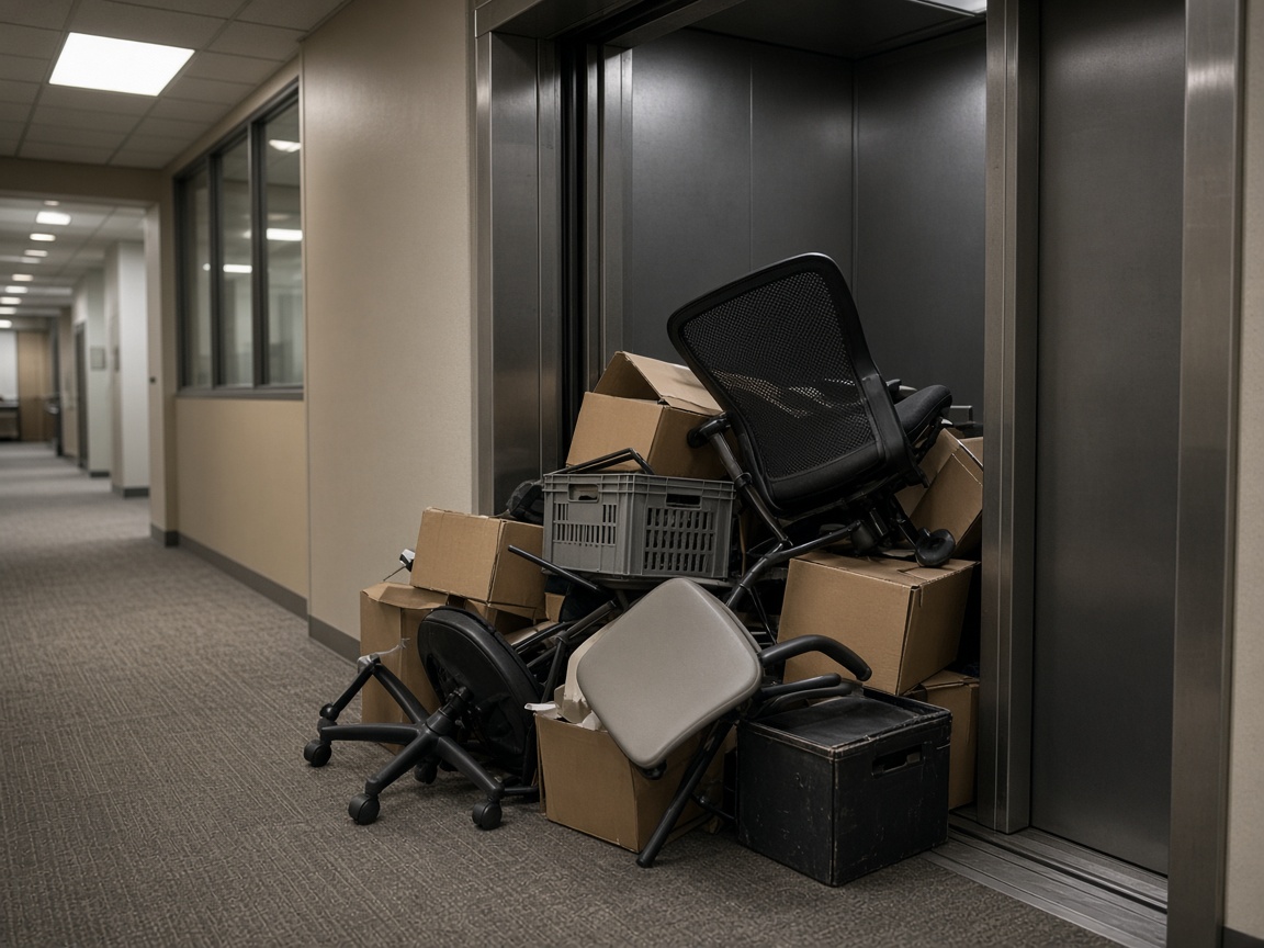 Staged office junk stacked by a freight elevator for a possible same-day commercial pickup