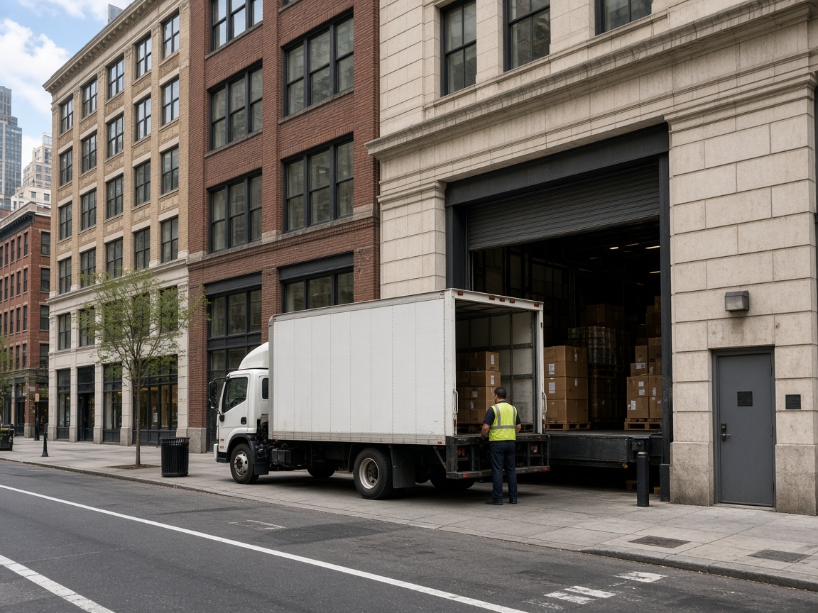 New York commercial street with loading dock activity beside mid-rise office buildings
