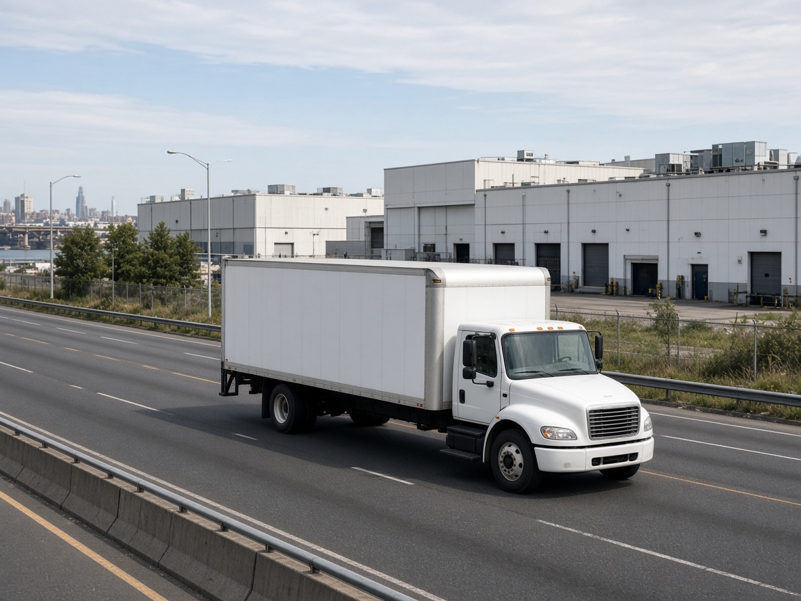 Box truck on a commercial route near warehouse buildings in the greater New York region
