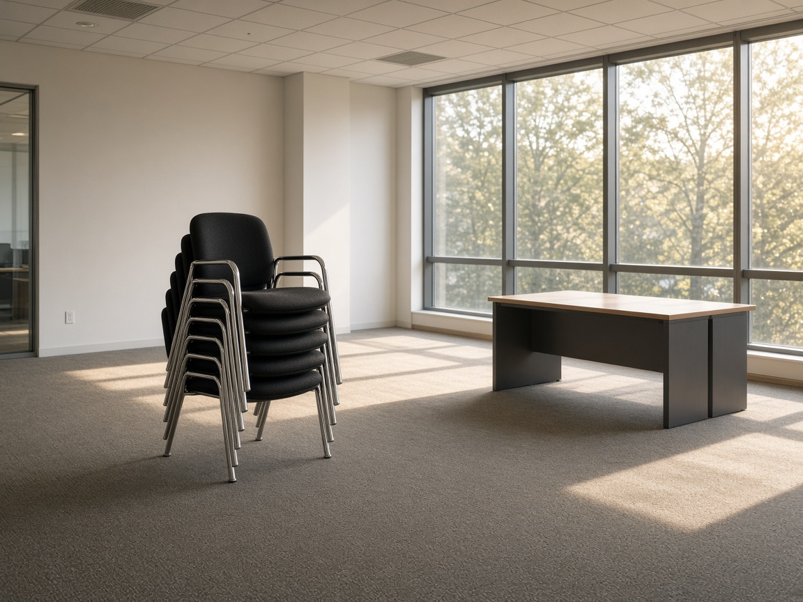 Cleared commercial suite with remaining conference chairs stacked for pickup after a business cleanout