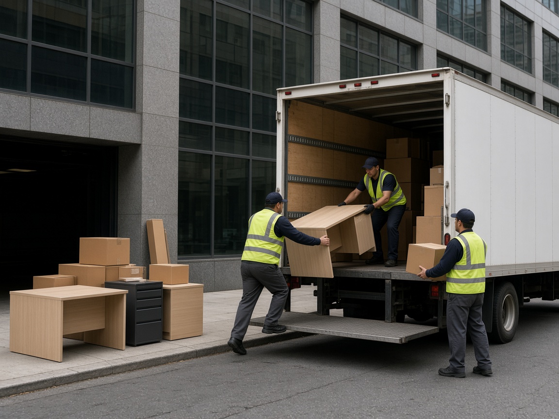 Commercial junk removal crew loading desks and boxed office materials onto a truck behind a midtown office building