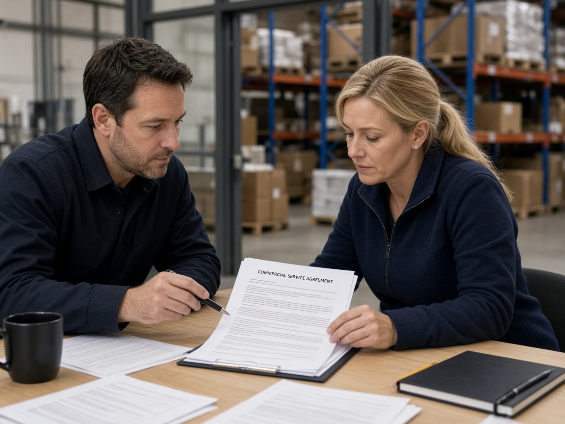 Two people reviewing a commercial service agreement at a warehouse office desk