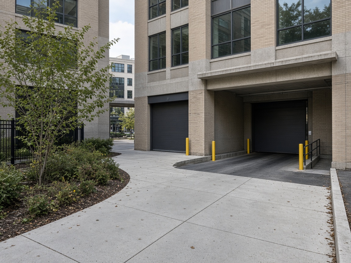 Commercial building entrance and loading path used to plan site access for a cleanout crew