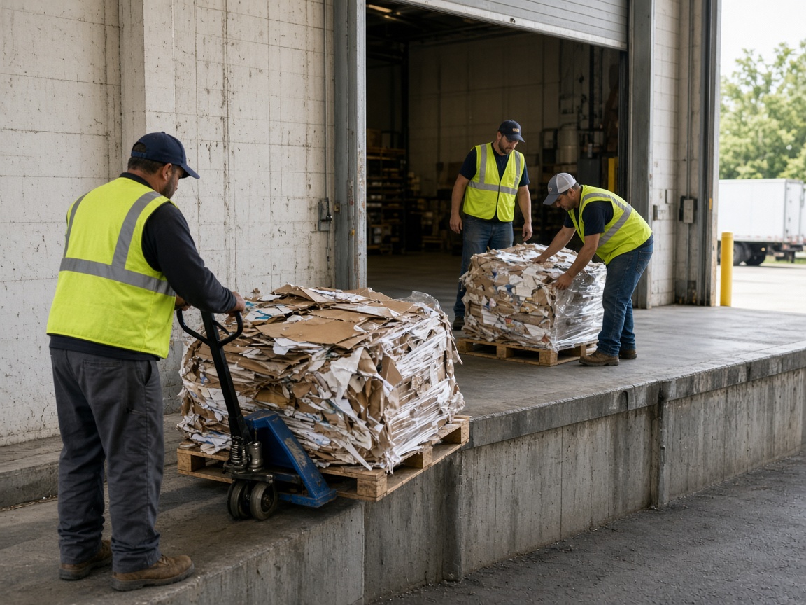 Crew in safety vests clearing palletized leftovers from a warehouse dock during a cleanout