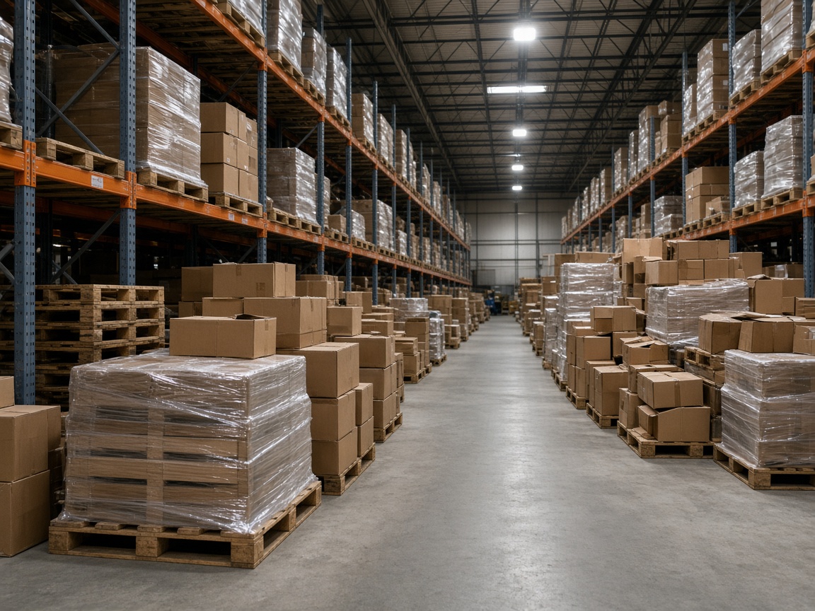 American warehouse aisle with pallets, shrink wrap, and leftover cartons staged for junk removal